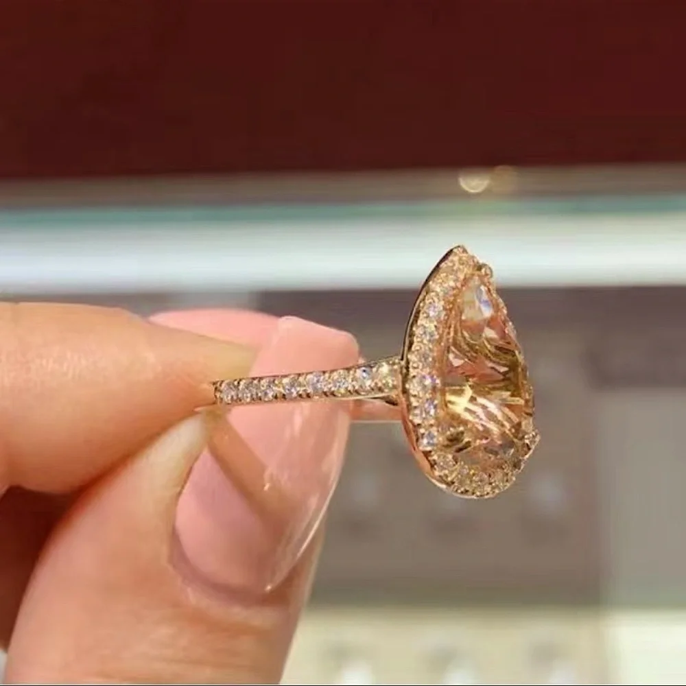 Teardrop Rose Gold Pink Cubic Zirconia Ring - Picture 3 of 5